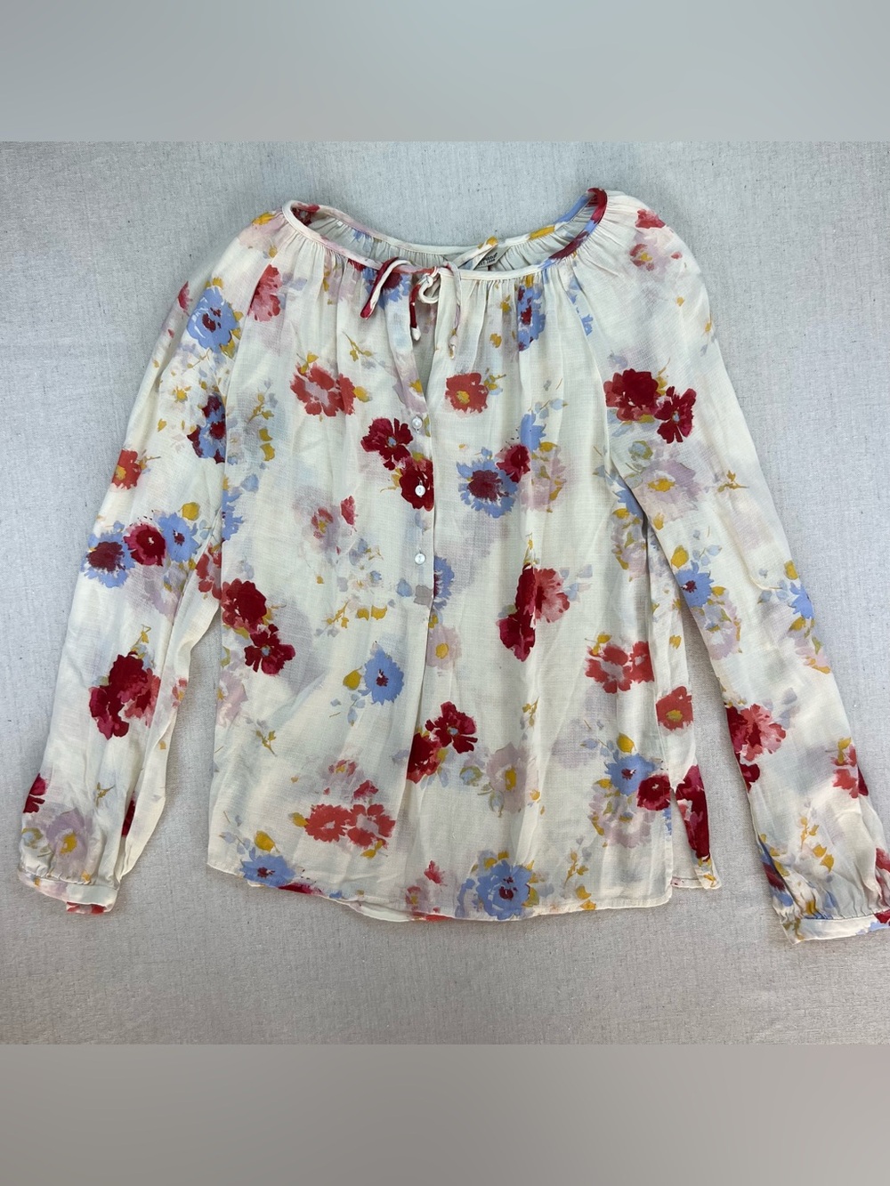 Women's Cream Peasant Boho Flowy Comfy Blouse Red & Blue Floral Print - Size S